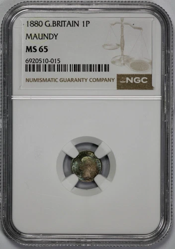 1880 Great Britain Maundy 1P One Pence NGC MS 65 Sea foam Toning