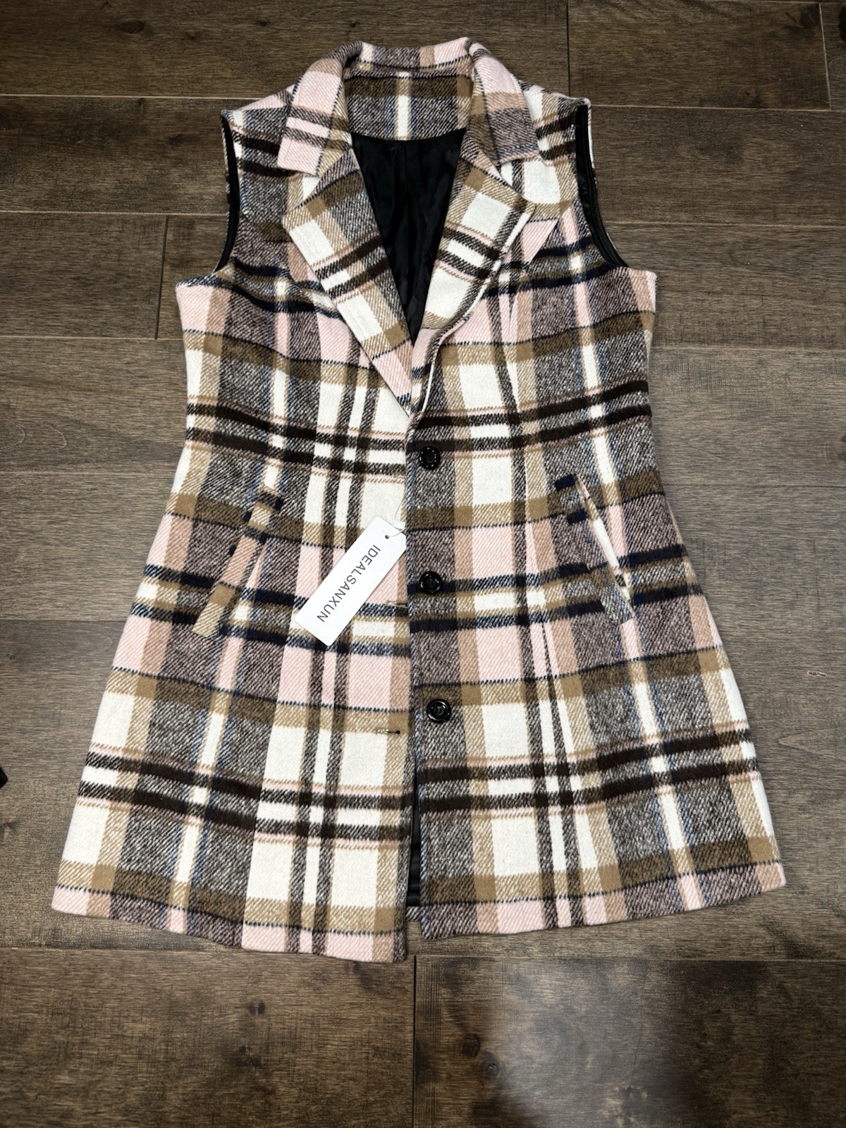NEW W/Tags! IDEALSANXUN Women’s Plaid Wool Vest - Size Small Pink And Brown