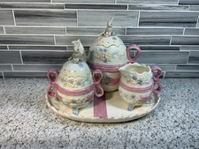 Vtg Easter Bunny Ceramic Tea Set Teapot Sugar Creamer Tray Pastel Spring Decor