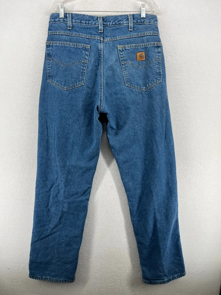 Pantalones de mezclilla CARHARTT para hombre 32x34 B155 calce relajado forrados de lana algodón azul Foto 3 de 4