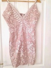 Pretty Little Thing Pink Embroidered Lace Plunge Fitted Bodcon Dress Uk 12