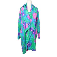 Vintage 80s Sandcastle vibrant green and purple tropical floral leaf coverup M