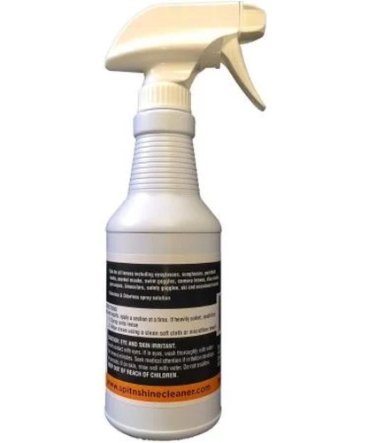 White 16 oz Spit n Shine anti-fog spray bottle with black trigger and black text listing ingredients and safety precautions.