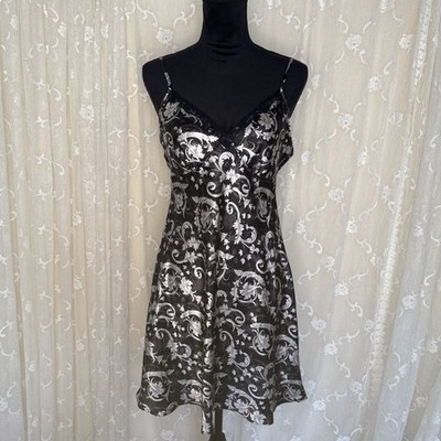Vintage Adonna Bias Cut Opaque Black & Grey Paisley Print Slip Dress Medium 38 B