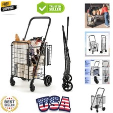 Folding Shopping Utility Cart, Double Basket and 360° Swivel Wheels, Adjustab...