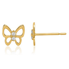 14K Solid Yellow Gold Butterfly CZ Stud Earrings