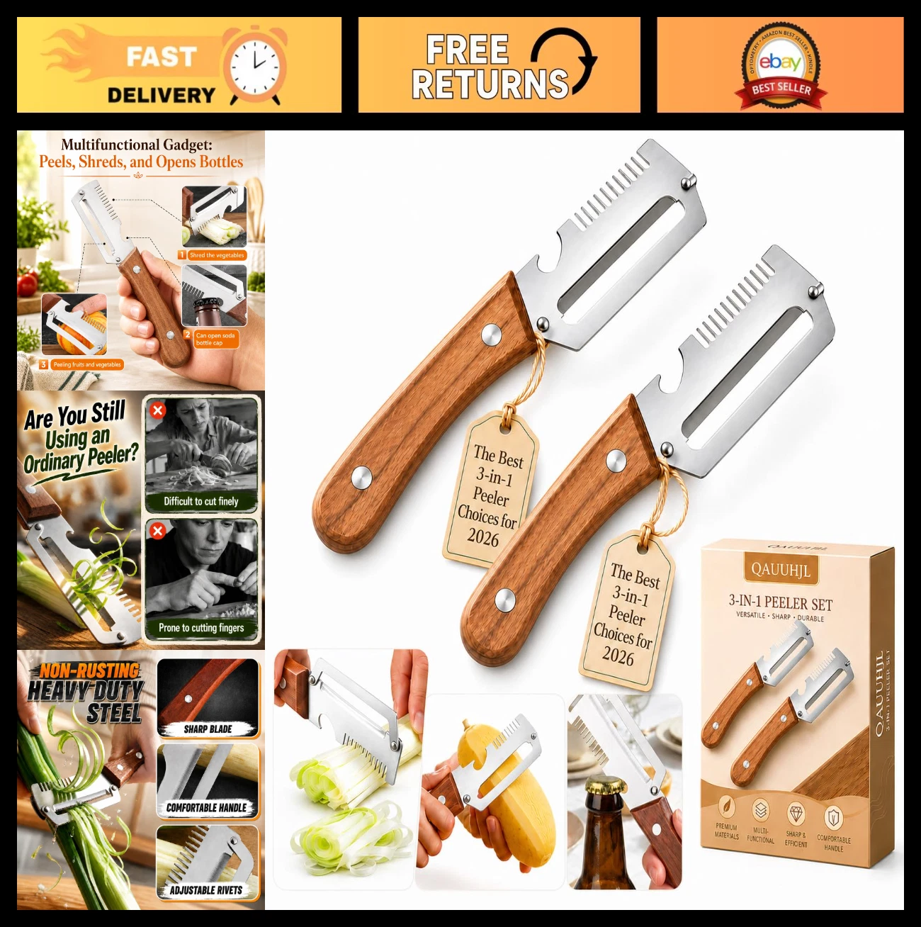 Multifunctional Vegetable Peeler Set - 3-in-1 Stainless Steel Kitchen Gadgets, J