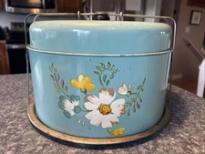Vintage MCM Teal  Metal Cake Carrier 2 Tier  -