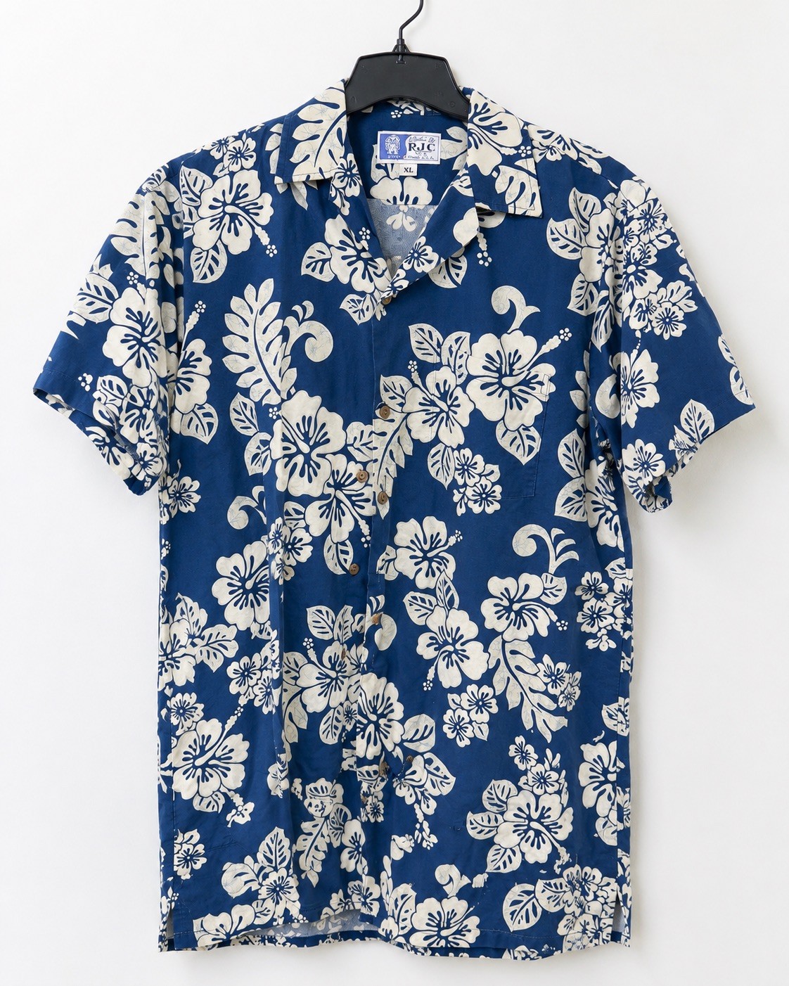 RJC Hawaiian Navy Blue White Floral Print Cotton Button Up Camp Shirt Mens XL