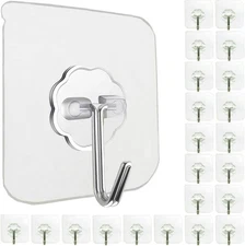 24 Pack Heavy Duty Adhesive Hooks, 33lb Max Transparent Waterproof Hooks