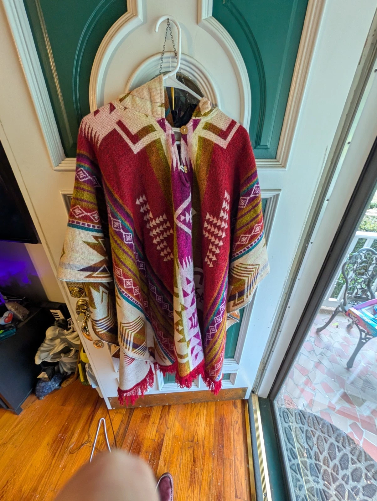 Runa Arts 100% Wool Multicolor Aztec Tribal Hoodie Hooded Fringe Poncho Sweater