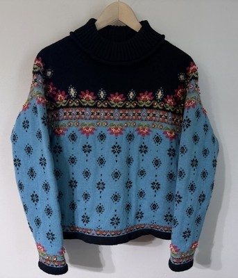 Vintage Icelandic Design Floral Lined Wool Sweater Embroidered Cottagecore L