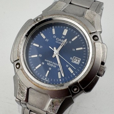Vintage Casio Quartz Watch MTP-3036 Men 50m Silver Blue Date New Battery 6.5''