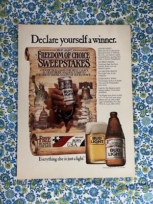 Vintage 1985 Bud Light Beer Sweepstakes Print Ad Declare Yourself A Winner