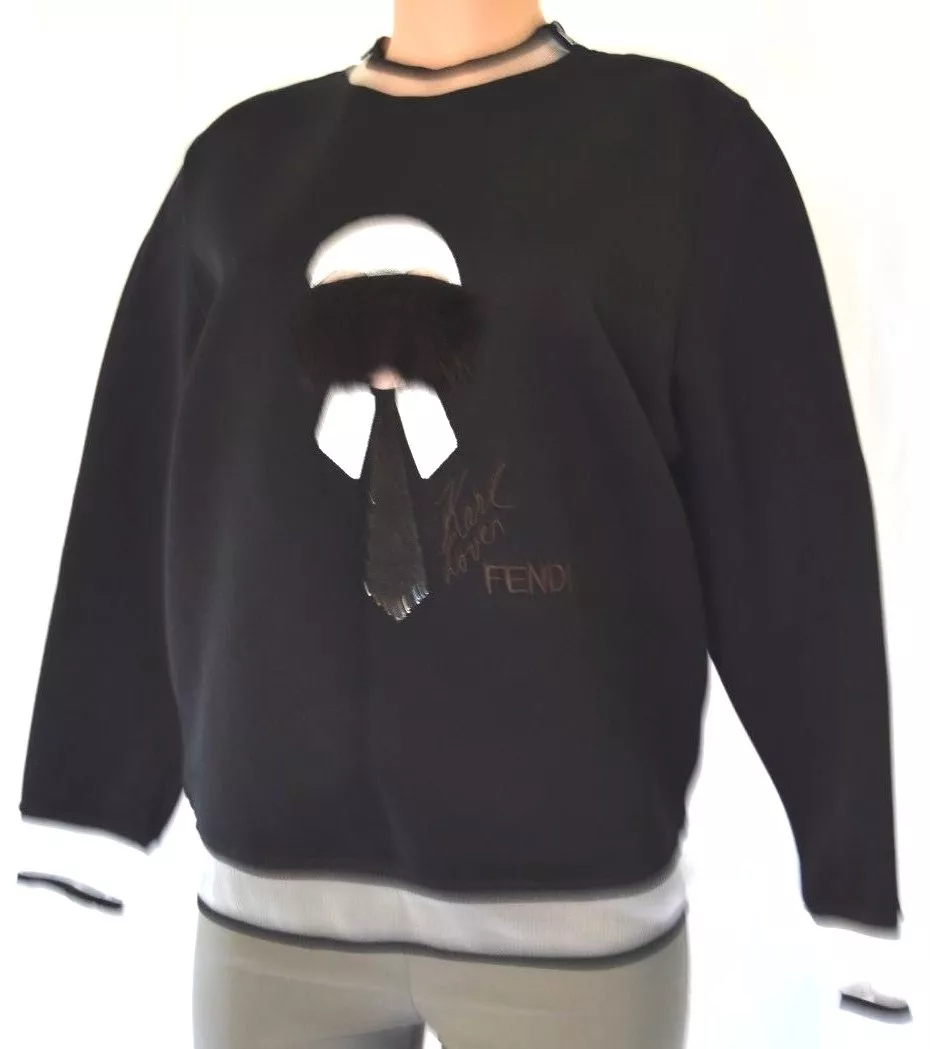 FENDI BLACK KARL LOVER SEQUIN TOP LONG SLEEVES CHEER TRIM DETAIL SIZE 42