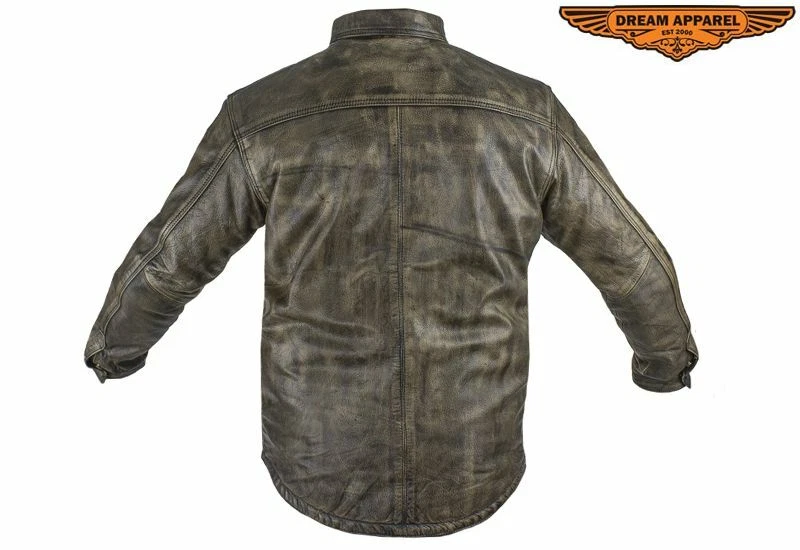 Camisa de cuero marrón envejecido con cuello de motocicleta para hombre con múltiples bolsillos Foto 2 de 4