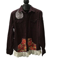Upcycled Sew Knot Serious Shirt Womens Large Checked Lace Bird Farm Western Top