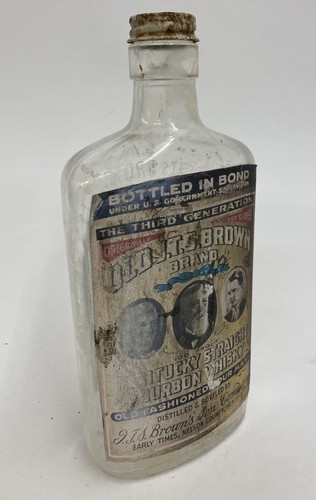 Vtg Embossed Old J.T.S Brown Whisky Bottle Clear Glass Pint w/Repro Labels - Picture 3 of 5