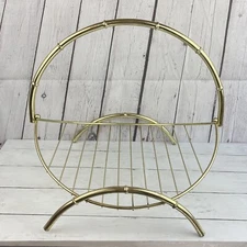 Vintage Mid Century Modern Brass Colored Metal Hoop Magazine/Firewood Rack