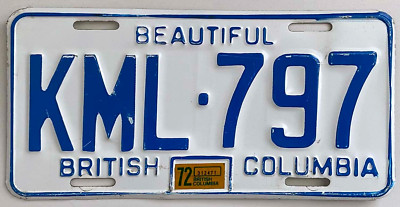 Vintage Beautiful British Columbia Canada 1972 License Plate KML-797