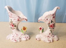 Italian Set Of Two Cornucopia Style Vases Hand Painted Vintage Floral