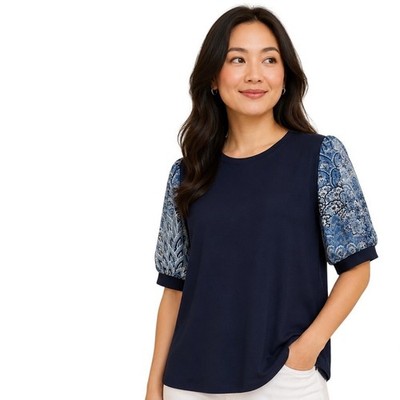 CeCe Mixed Media Top L Navy Blue Paisley Puff Sheer Sleeve Crew Neck Blouse