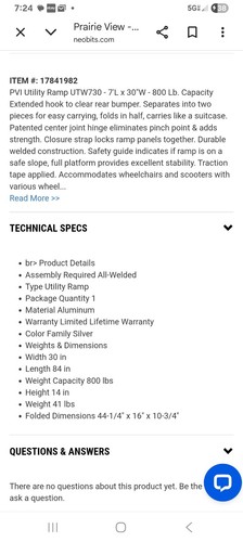 UTW730 MOBILITY RAMP 30" X 7' PVI PRAIRIE VALLEY MULTIFOLD ORLANDO MSRP $749