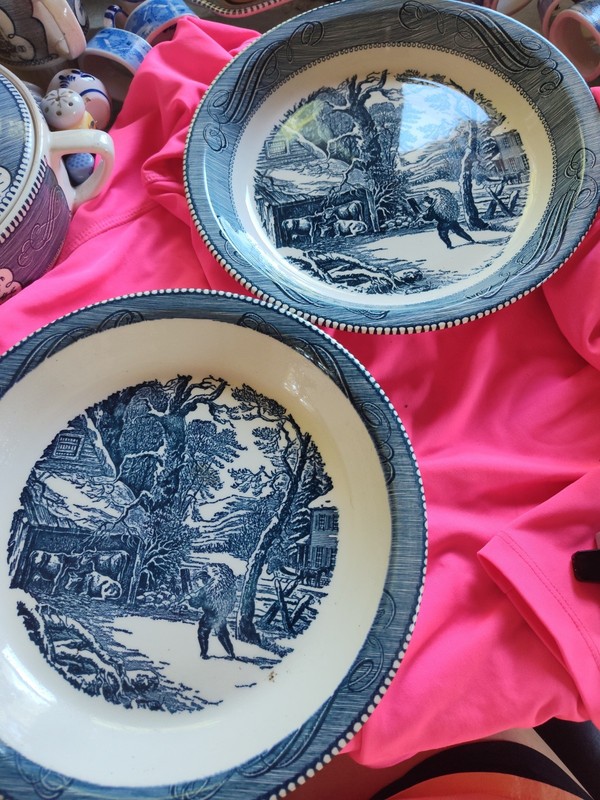 Set Of 2 Currier & Ives Blue Pie Plate " A Snowy Morning" 