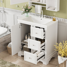 30-Inch bathroom vanity cabinet with ceramic basin, 3 drawers and adjustable s