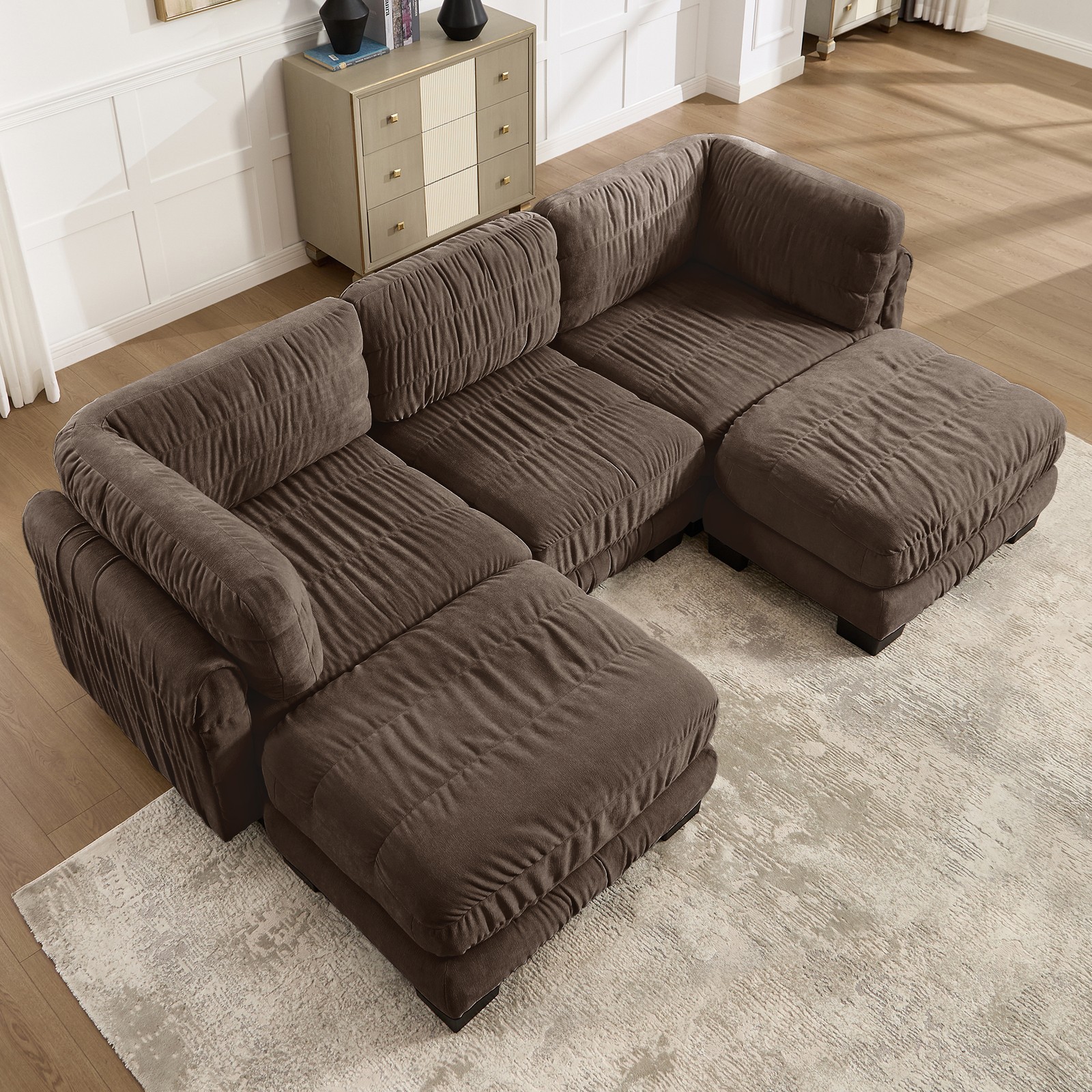 3 Seat Modular Sectional Sofa,Comfy Chenille Cloud Couch with 2 Storage Ottomans
