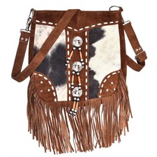 Brown American Western Crossbody Suede Leather Handbag with Fringe  Beaded Work