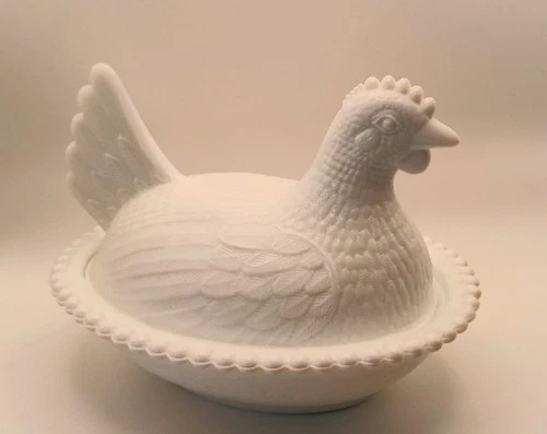 Vintage Indiana Glass White Milk Glass Hen on Nest 7" Chicken Covered Dish...