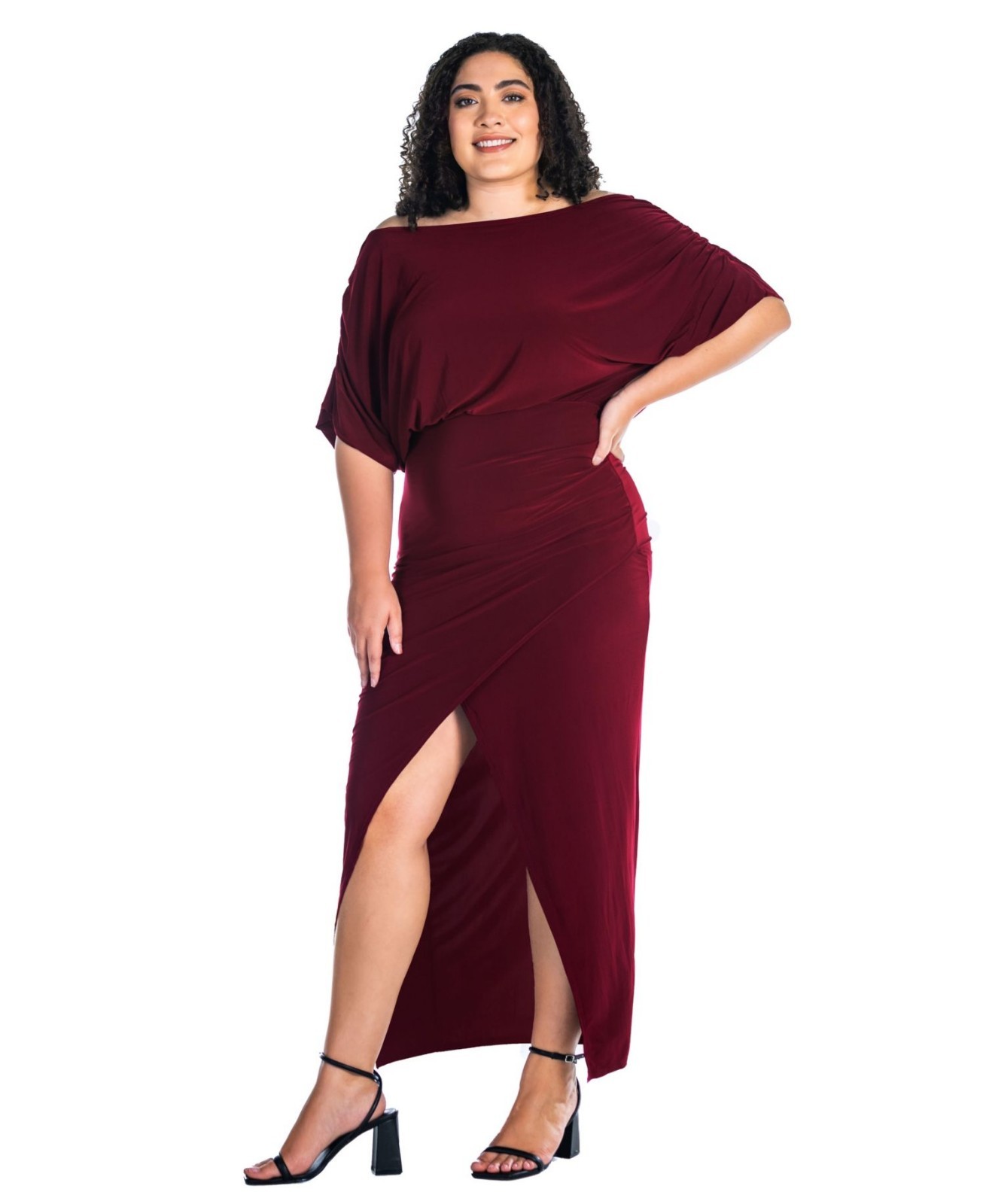 24seven Comfort Apparel Plus Size 3X Boat Neck Batwing Sleeve Maxi Dress Red