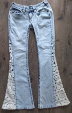 True Religion Joey Low Rise Flare Jeans W25 Light Wash Crochet Lace Inset