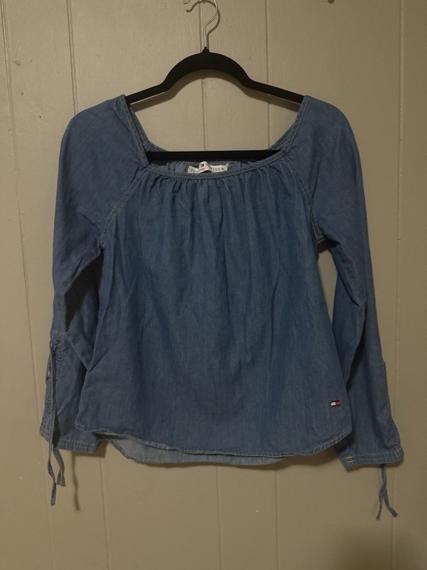 Vtg 90s Y2K Tommy Hilfiger BOHO Peasant Square Neck Blouse Top Women M Denim