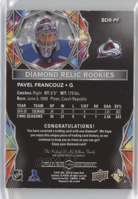 2020-21 Upper Deck Black Diamond Relic Rookie Gems Single /99 Pavel Francouz RC - Image 2 of 2