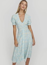 Faithfull The Brand Light Blue Daisy Floral V-Neck Puff Sleeve Midi Dress S