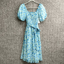 Aura Dress Women’s S Blue/Green Floral Print Smocked Short Puff Sleeve Midi NWT