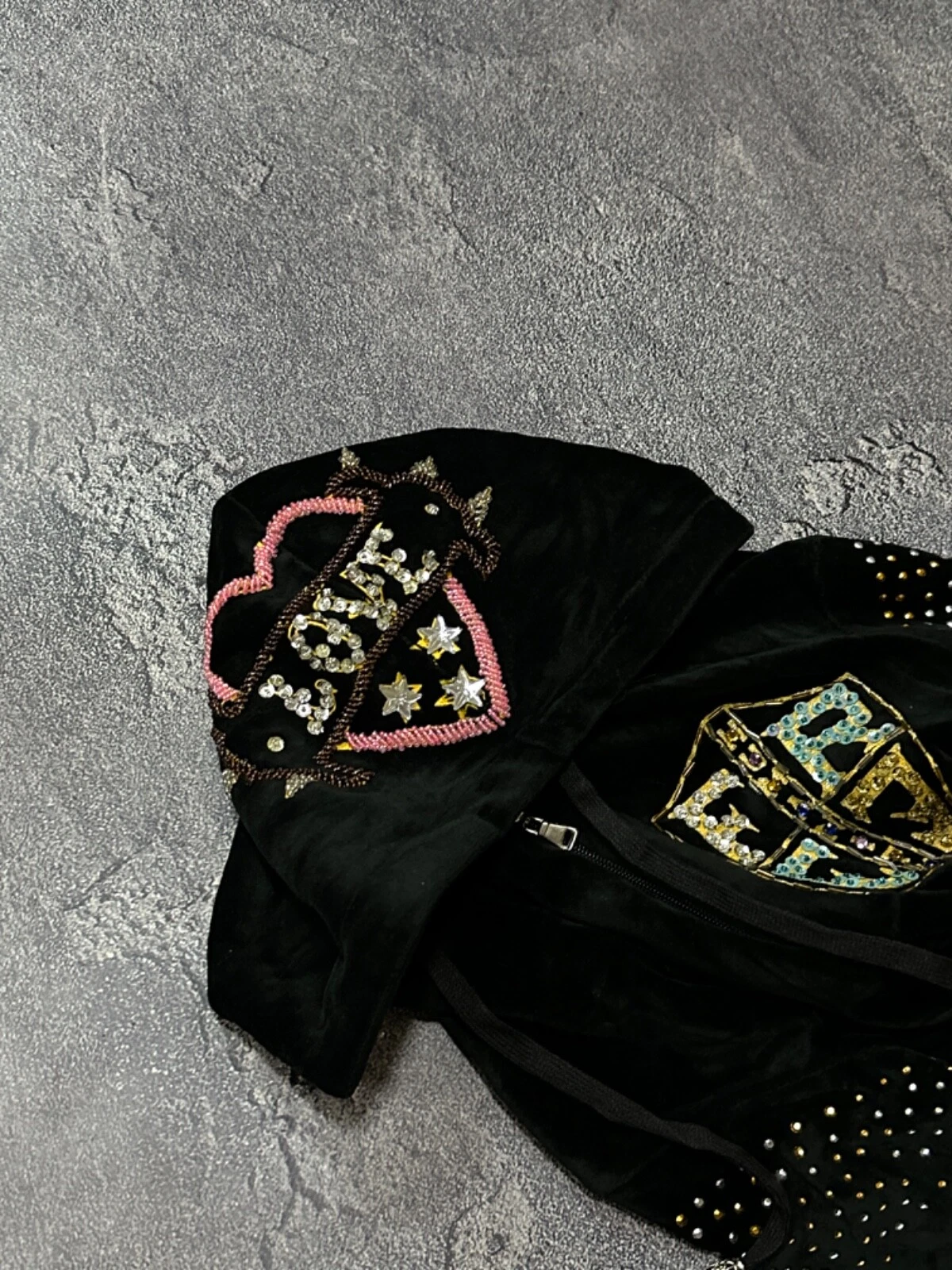 CHANEL Felpa con cappuccio zip discoteca velluto strass stile Ed Hardy vintage anni 90 Y2k stile Giappone