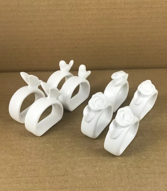 White Ceramic Napkin Rings Holders Lot Of 8 Roses Birds Butterfly eBay