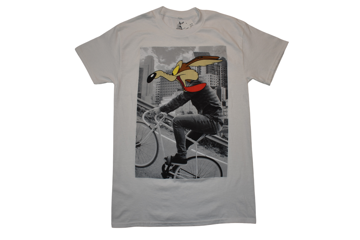 Looney Tunes Mens Wile E. Coyote Bike Riding White Shirt NWT