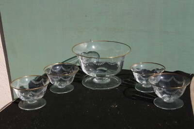 Ancien Saladier En Verre Soufflé Transparent Et Blanc Dentelé