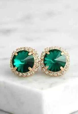 3Ct Lab Created Emerald Push Back Halo Stud Earrings 14K Yellow Gold Finish
