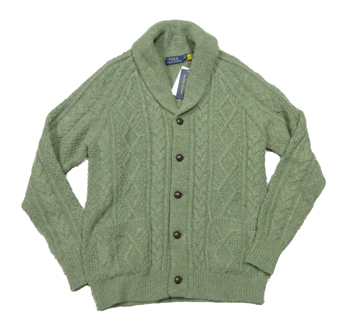 Polo Ralph Lauren Green Cable Knit Wool Cashmere Shawl-Neck Cardigan Sweater