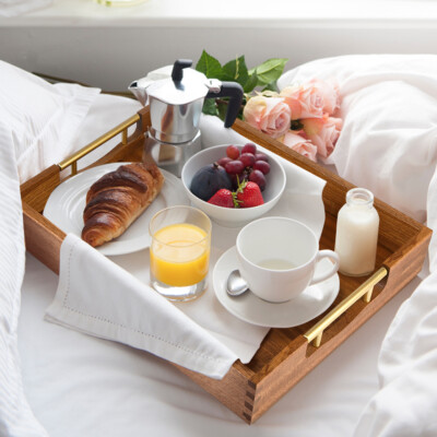 Afoxsos Acacia Wood Serving Tray With Handles Set Of 2 - Decorative Serving Trays Platter For Breakfast In Bed, Coffee Table - Foto 5