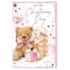 Christening Card with Scalloped Edge Foil Detail and Envelope - Pink Teddy