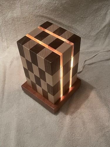 6" x 3" Maple & Oak Cube Lamp. Checker Design Perfect for any Room in the House - Picture 3 of 8