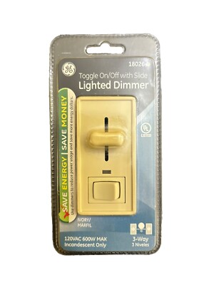 GE Lighted Dimmer Toggle On/Off w/Slide Ivory Model 18026 120VAC 600W Max New