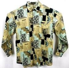 MIAMI Brand Mens Shirt Size L L/S Button Up Beige/White/Black Geometric Patterns