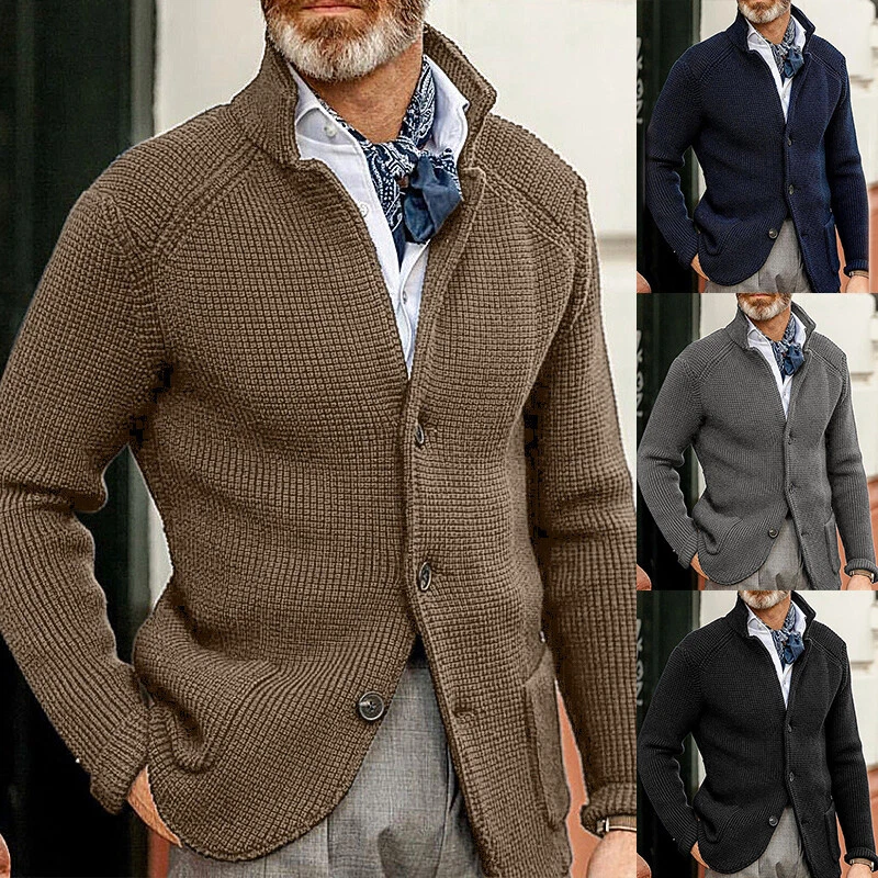 Mens Stretch Solid Color Cardigan Sweaters Men Business Stand Collar Winter